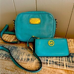 Michael Kors Aqua leather Crossbody with matching coin purse